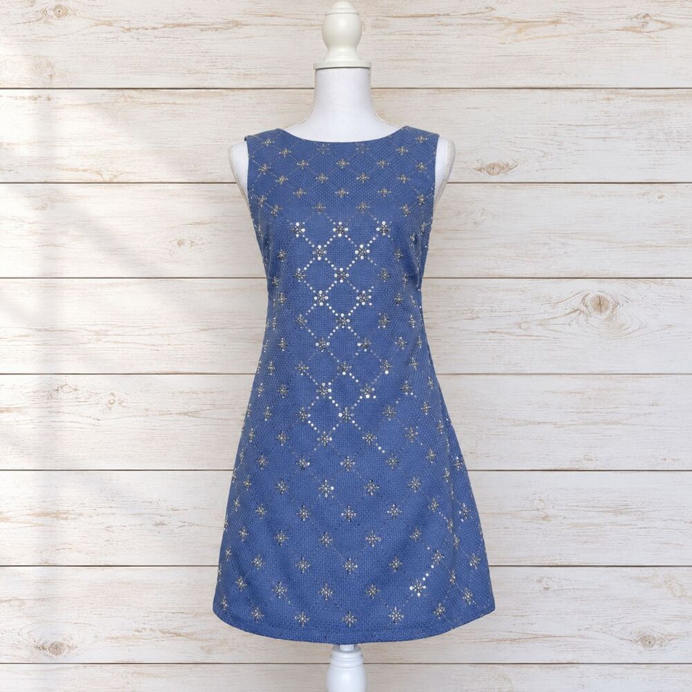 Speechless Blue Sequin Beaded A-Line Dress Open Back Bow Detail Size 11